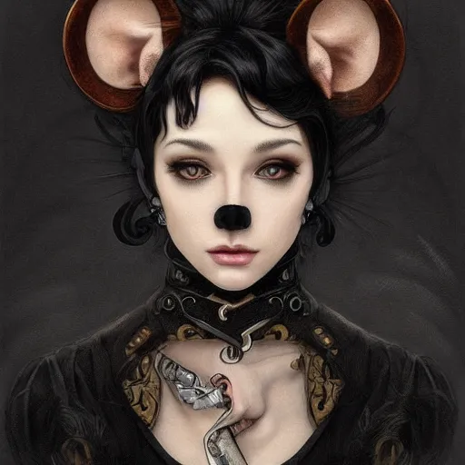 Image similar to a photograpic portrait of a anthropomorphic mouse wearing black clothes, black hair, fantasy, intricate, elegant, highly detailed, digital painting, artstation, concept art, smooth, sharp focus, illustration, art by artgerm and H R Giger and alphonse mucha