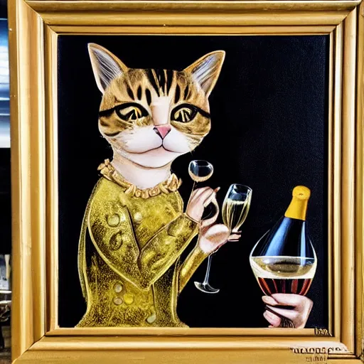 Image similar to a portrait of a cat drinking expensive champagne in a fancy dark bar