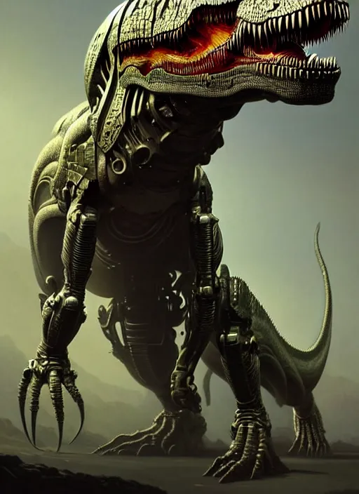 Image similar to a t - rex with a cybernetic armor, diffuse lighting, fantasy, intricate, elegant, highly detailed, lifelike, photorealistic, digital painting, artstation, illustration, concept art, smooth, sharp focus, art by john collier and albert aublet and krenz cushart and artem demura and alphonse mucha