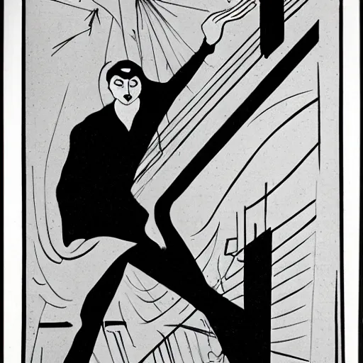 Prompt: the somnambulist from the cabinet of dr. caligari playing a large moog modular synthesizer, style of aubrey beardsley!!
