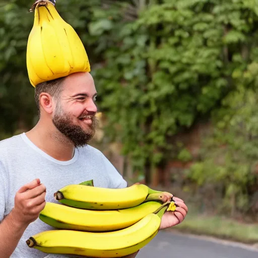 Prompt: photo of a man wearing a banana hat