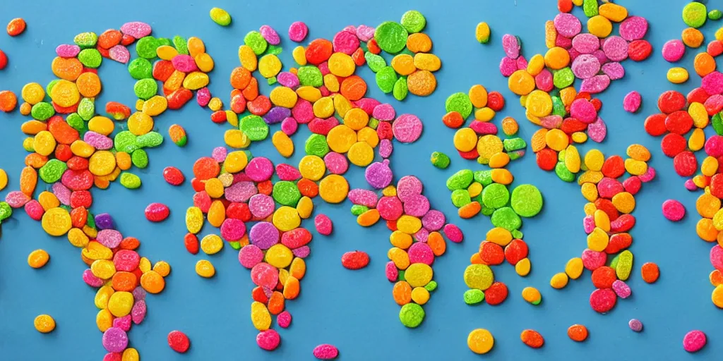 Image similar to a world map made out of candy pieces