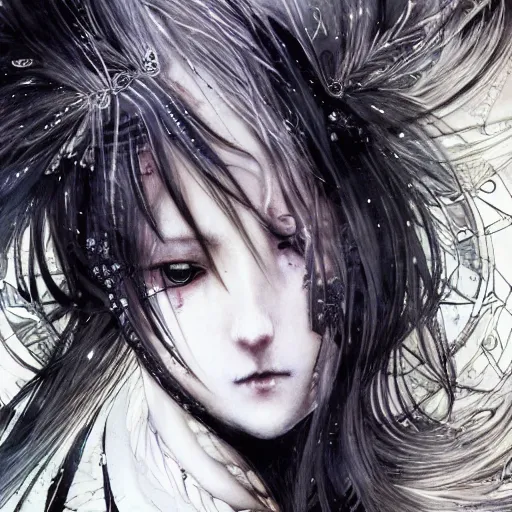 Image similar to Yoshitaka Amano blurred and dreamy illustration of an anime girl with black eyes, wavy white hair fluttering in the wind and cracks on her face wearing elden ring armor with engravings, background with abstract black and white patterns, noisy film grain effect, highly detailed, Renaissance oil painting, weird portrait angle, three quarter view