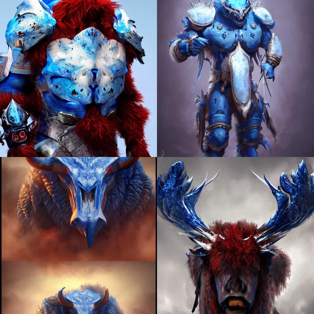 Prompt: buffalo coated with majestic blue, white and red body armor, creature design, high fantasy, cgsociety