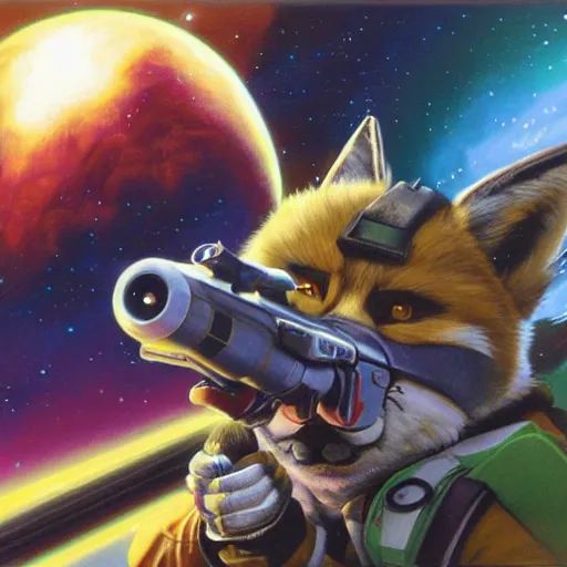 Image similar to an action portrait of fox mccloud holding a blaster, suspenseful, heroic, anthropomorphic furaffinity furry fursona art, star fox, by peter elson