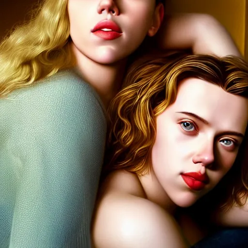 Image similar to intricate beautiful hyperreal portrait of a young scarlett johansson and young scarlett johansson, smiling softly, casual clothes, relaxing on the couch, home interior, golden hour, close up shot, 8 k, art by irakli nadar, hyperrealism, hyperdetailed, ultra realistic