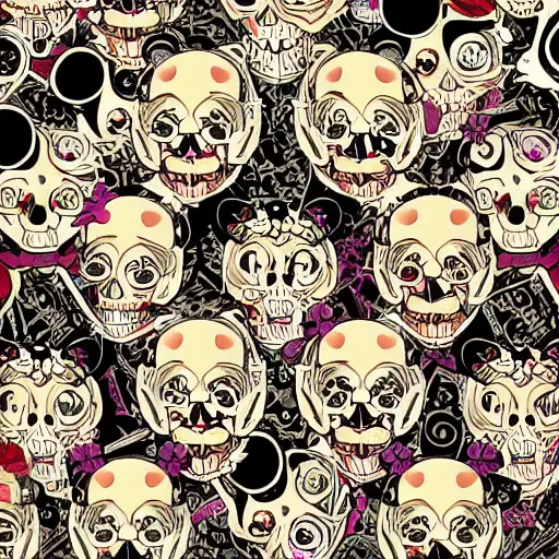 Image similar to anime manga skull portrait minnie mouse disney cartoon skeleton illustration style by Alphonse Mucha pop art nouveau with detailed patterns and emojis