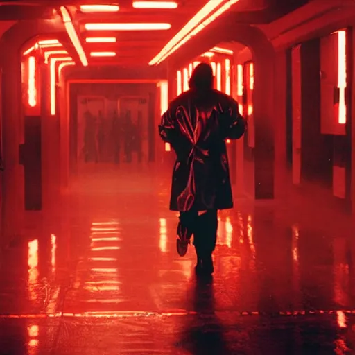 Image similar to cinematic portrait of a runaway replicant with tribal facepaint and a red translucent plastic raincoat in an empty room, still from the movie bladerunner, fashion photography, a neon sign is in the background