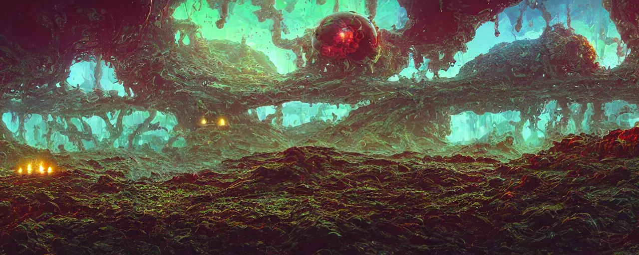 Image similar to ” slimy alien landscape, [ organic, disgusting, cinematic, detailed, epic, widescreen, opening, establishing, mattepainting, photorealistic, realistic textures, octane render, art by slop and paul lehr ] ”