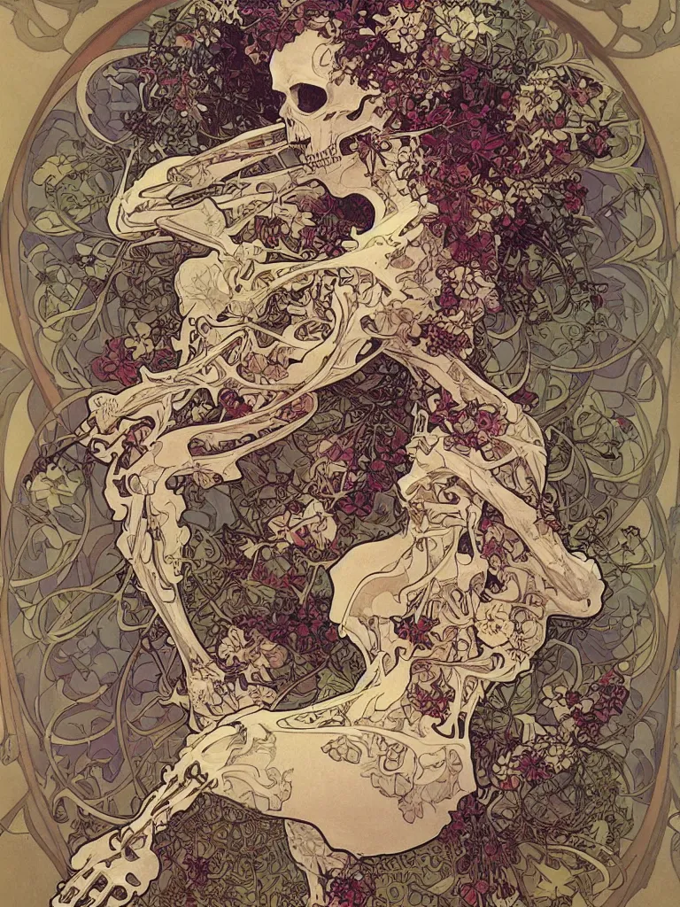 Prompt: a skeleton covered in flowers in a dynamic pose, art nouveau patterns, alphonse mucha, james jean, peter mohrbacher, highly detailed, soft lighting,