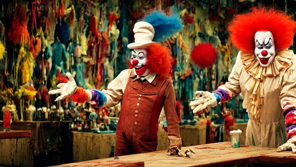 Image similar to the clown creature helps at the fair, film still from the movie directed by denis villeneuve and david cronenberg with art direction by salvador dali and dr. seuss