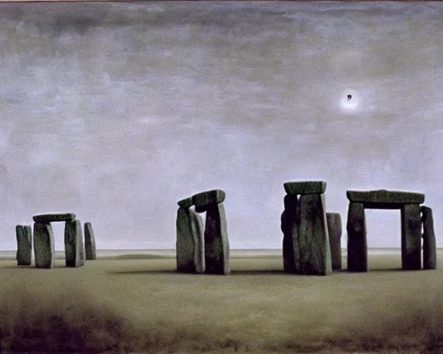 Image similar to painting of Stonehenge by Yves Tanguy, underneath a painting of a spaceship by Beksinski