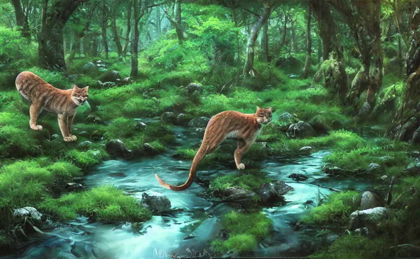 Image similar to wild cats in a clear water stream in a mossy fantastical forest, oil painting by Makoto Shinkai