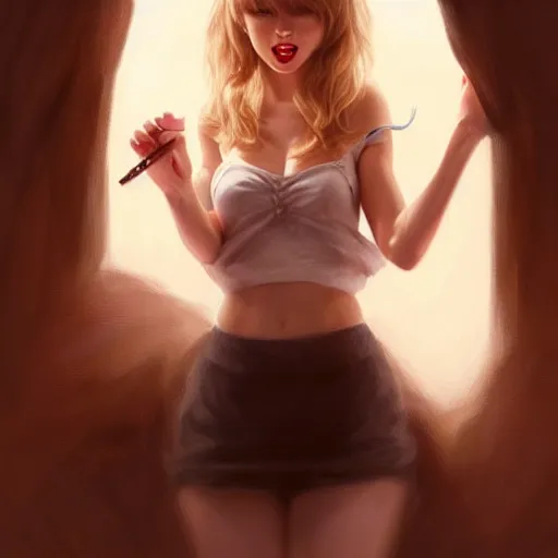Image similar to Taylor Swift is just a cute little mouse girl, just a cute little thing, Taylor Swift face, mouse body, blush, high focus, wood paneling, warm lighting, by Artgerm and greg rutkowski, deviantart
