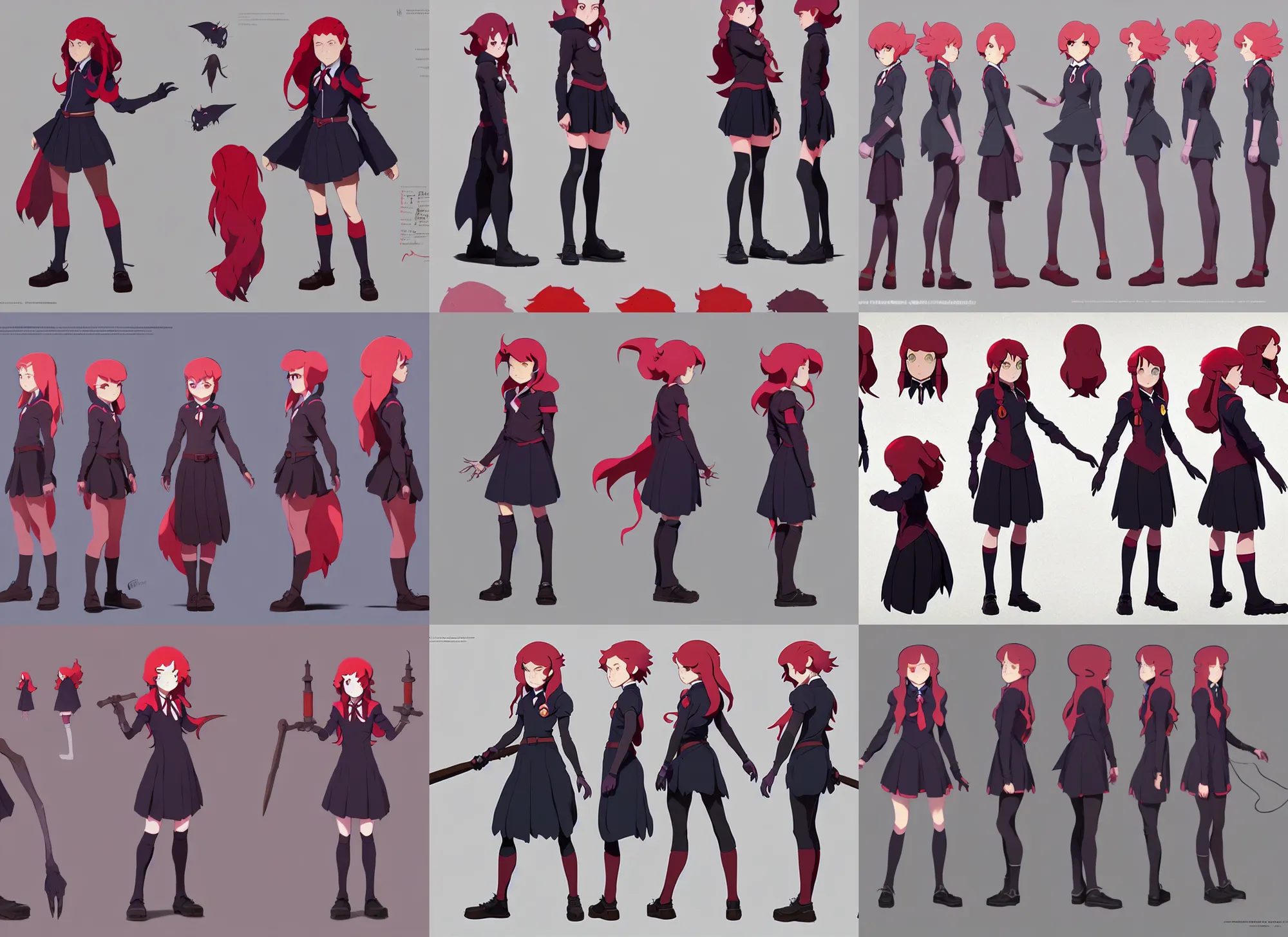 Prompt: character model sheet of female student witch by greg rutkowski, witch academia, magic school uniform, glowing red hair color, by studio ghibli and ross tran, digital art, trending on artstation, highly detailed, concept art, beautiful, masterpiece