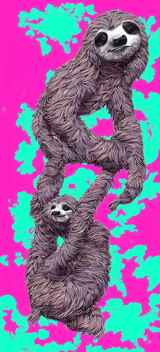 Prompt: vaporwave sloth, digital art, trending on artstation, incredibly detailed, vibrant, award winning, intricate ”