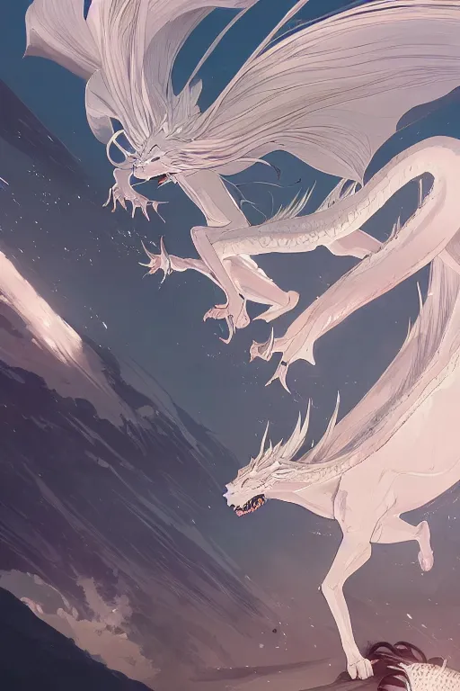 Image similar to vanishing point, white hair eva riding on the white dragon's neck ready to fight, by victo ngai and makoto shinkai, partner, global illumination, radiant light, minimalist, unreal engine 5, concept art ，, digital painting, artstation, smooth, sharp foccus, artstation hq