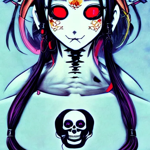 Image similar to anime manga skull portrait girl face pigtails pirate detailed highres 4k Trevor brown Mucha and James Jean pop art nouveau