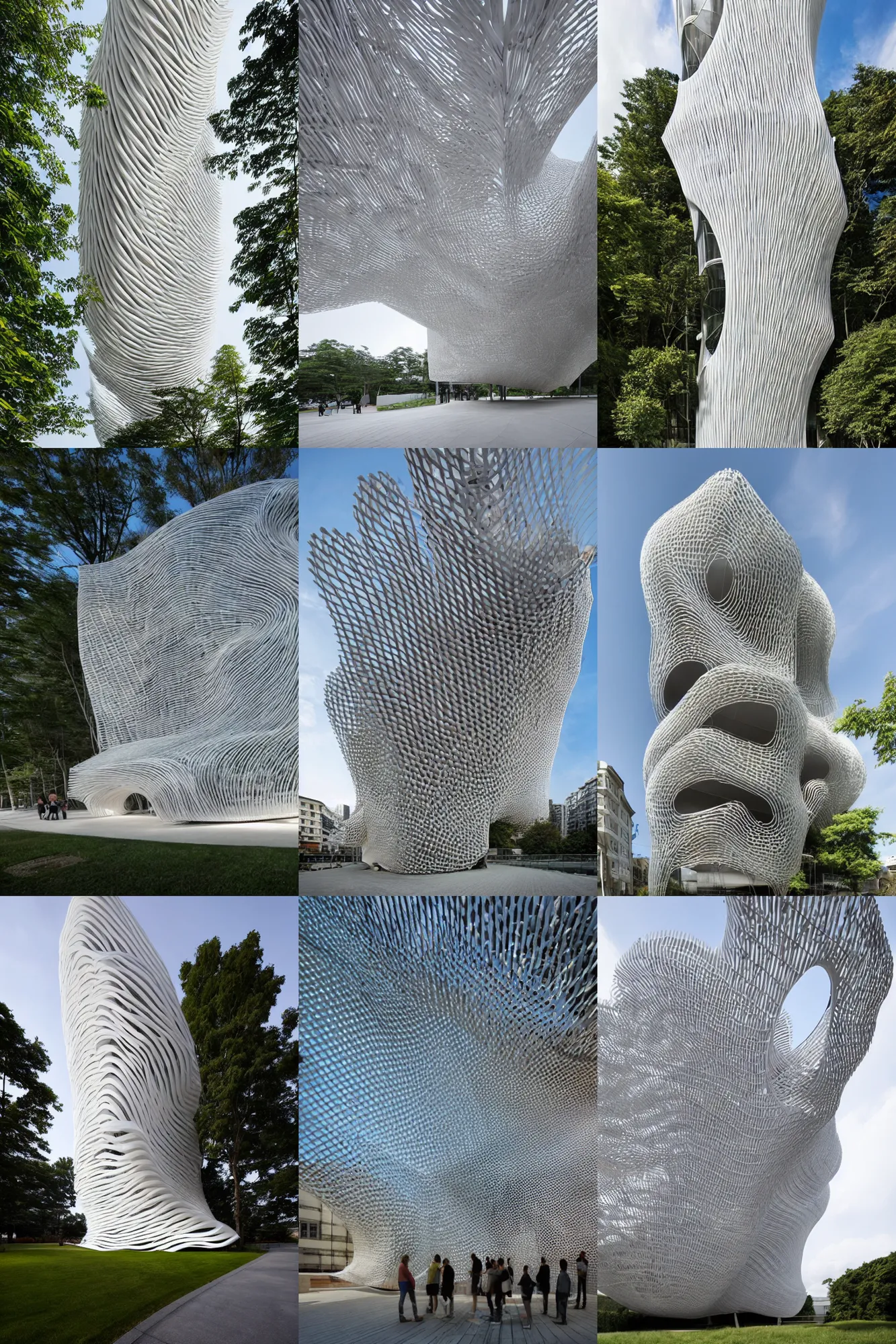 Prompt: photograph of a futuristic parametric building by kengo kuma