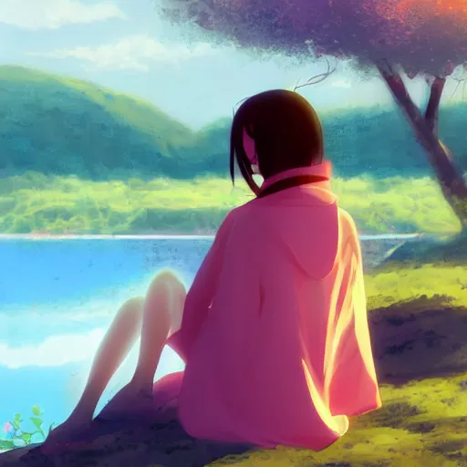 Image similar to Soft blur, digital art, anime, advanced digital art, girl sitting at the edge of a cliff overlooking a lake filled with sakura petals, light reflected on her face in the style of Kuvshinoc Ilya. —W 1024 —H 1024