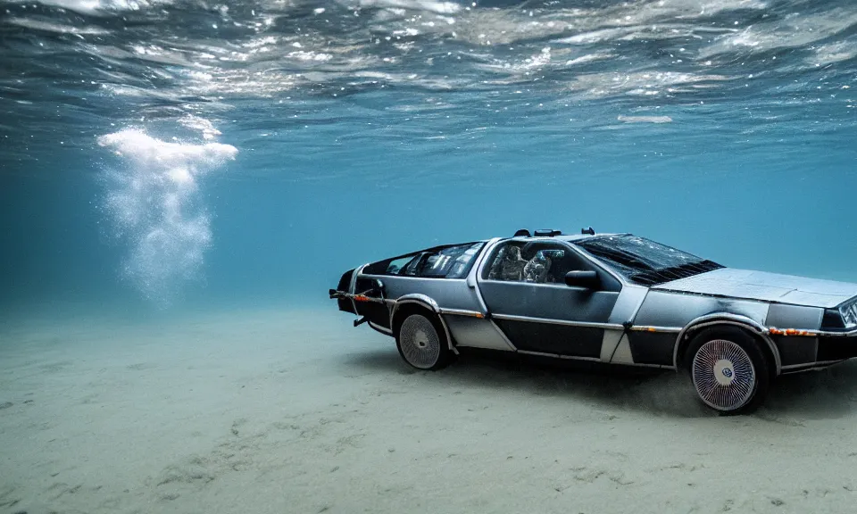 Image similar to photo of a delorean go lightspeed underwater