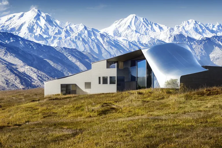 Image similar to architecture photo modern fachwerk house cottage settlement with Elbrus mountain on the background, architecture, high-tech technology, futuristic ecocity, photorealism 8k , high details