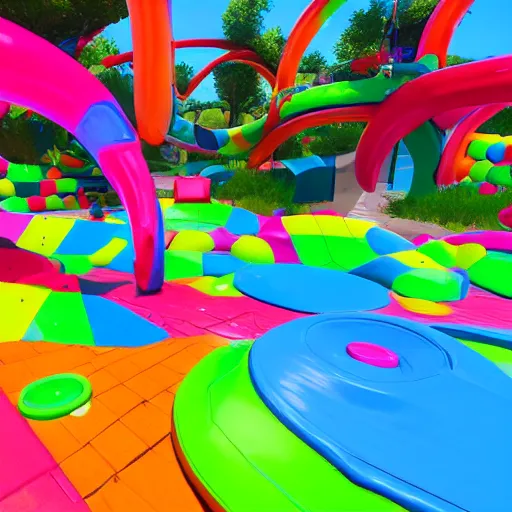 Image similar to : hyperbolic playground with bright colors 8k photorealistic hyperrealistic unity unrealengine