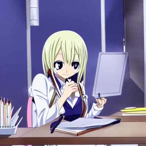Image similar to sena kashiwazaki anime, pouting at school desk, illustrated by fairy tail