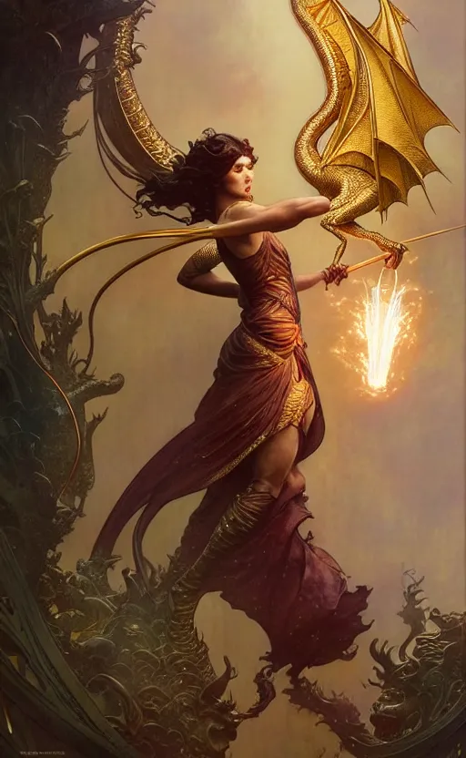 Image similar to magic gold dragon gorgeous lighting by weta studio, mucha, bautista and norman rockwell and greg rutkowski and tom bagshaw and james gurney and lucasfilm