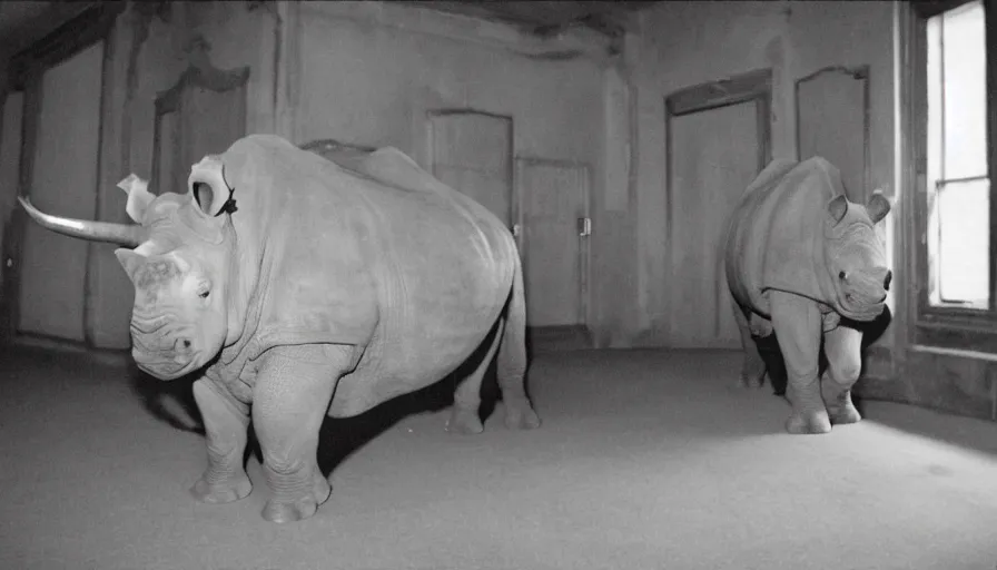 Image similar to a rhinoceros in a stalinist style room, by mini dv camera, very very low quality, heavy grain, very blurry, accidental flash, caught on trail cam