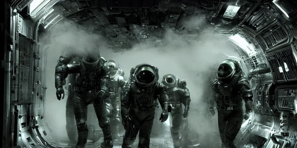 Image similar to a tight shot of a dark Alien ship interior corridor by Ridley Scott with lots of steam and astronauts with guns, high contrast, Aliens movie, grainy, moody, dark, bleak, green tones
