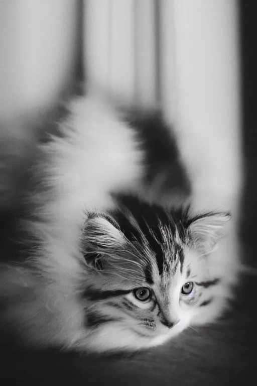 Image similar to “ fluffy kitten lying on cat tree, cozy living room, warm, cotton, dramatic lighting, extremely high quality, leica m - a, lux 3 5 fle, portra 8 0 0 ”