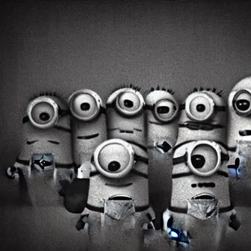 Prompt: Minions living in an insane asylum, creepy photo, minions screaming, nightmare, grainy, lost photo