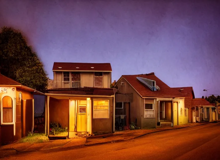 Prompt: small suburban houses in South Africa at night inspired by Edward Hopper, Photographic stills, photography, fantasy, moody lighting, dark mood, imagination, cinematic