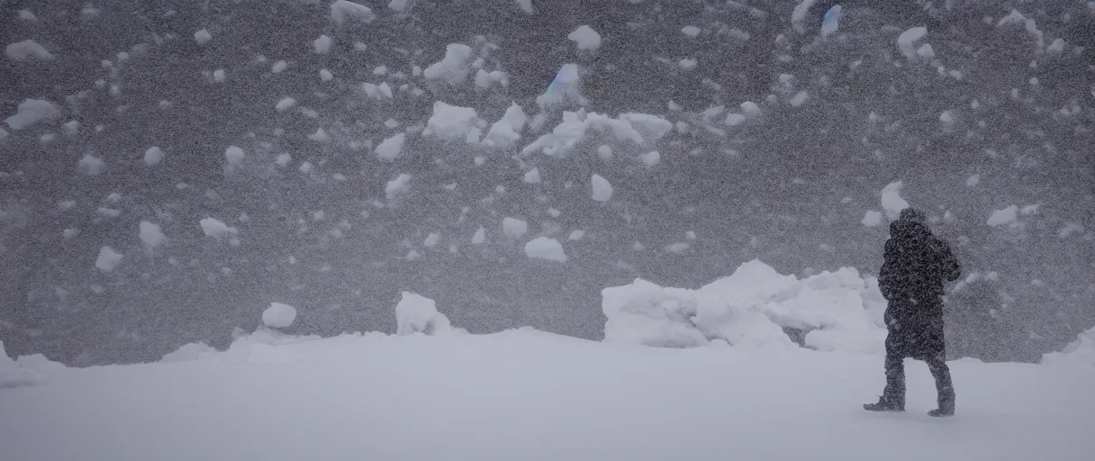 Image similar to a high quality color extreme closeup depth of field creepy hd 4 k film 3 5 mm photograph of very heavy snow storm blizzard in desolate antarctica, the faint barely visible silhouette of a bulky man is inside the blizzard