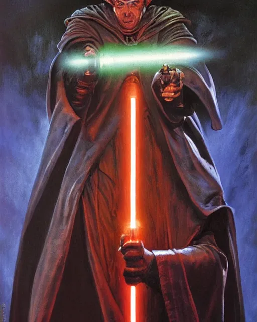 Image similar to portrait of Rosie O’ Donnel with lightsaber as a powerful dungeons and dragons warlock, wearing dark robe, intricately detailed, lovecraftian, realistic, oil painting, by jeff easley, boris vallejo, cinematic lighting