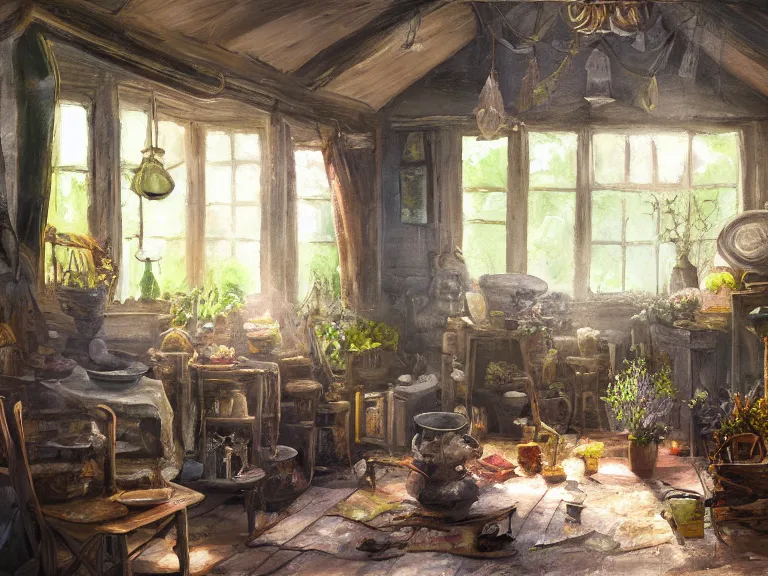 Image similar to expressive rustic oil painting, interior view of a cluttered herbalist cottage, waxy candles, wood furnishings, herbs hanging, light bloom, dust, ambient occlusion, rays of light coming through windows, dim lighting, brush strokes oil painting