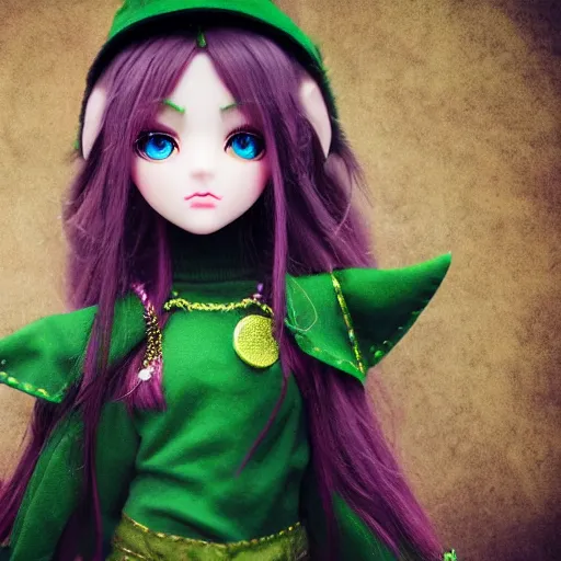 Image similar to hyper kawaii anime elf doll, druid theme, somber portraits, pursed lips, green eyes, bokeh background