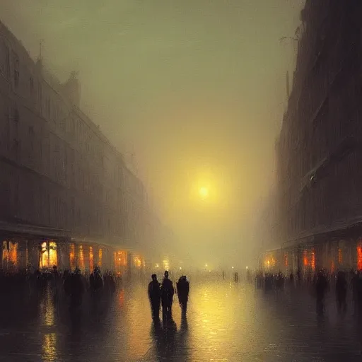 Prompt: City lights at night with a lot of people walking, street lights, cars, digital art trending on artstation by Ivan Aivazovsky