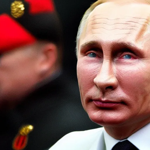 Image similar to putin wearing a black leather hat, facing the camera, cool looking