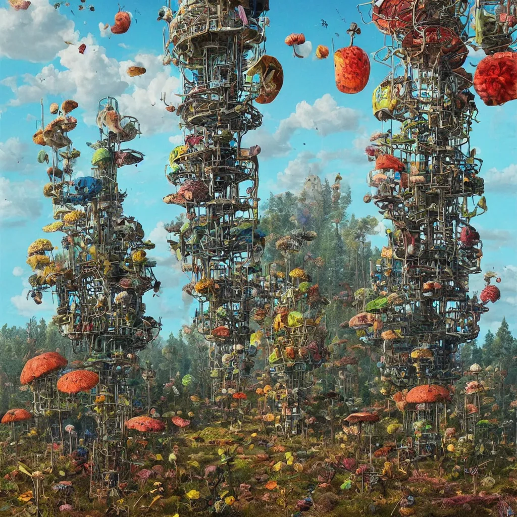 Image similar to a single! colorful!! fungus tower clear empty sky, a high contrast!! ultradetailed photorealistic painting by simon stalenhag and maria sibylla merian, hard lighting, masterpiece