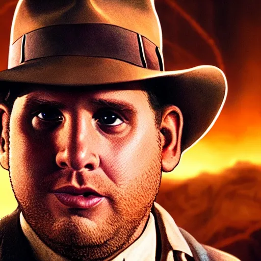 Image similar to Jonah Hill as indiana jones in raiders of the lost ark, 8k resolution, full HD, cinematic lighting, award winning, anatomically correct