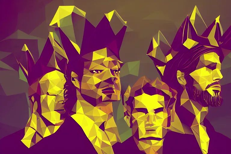 Prompt: three men wearing golden crowns, flowing hair, digital art, polygonal art, cyberpunk, synthwave, artstation, color pop