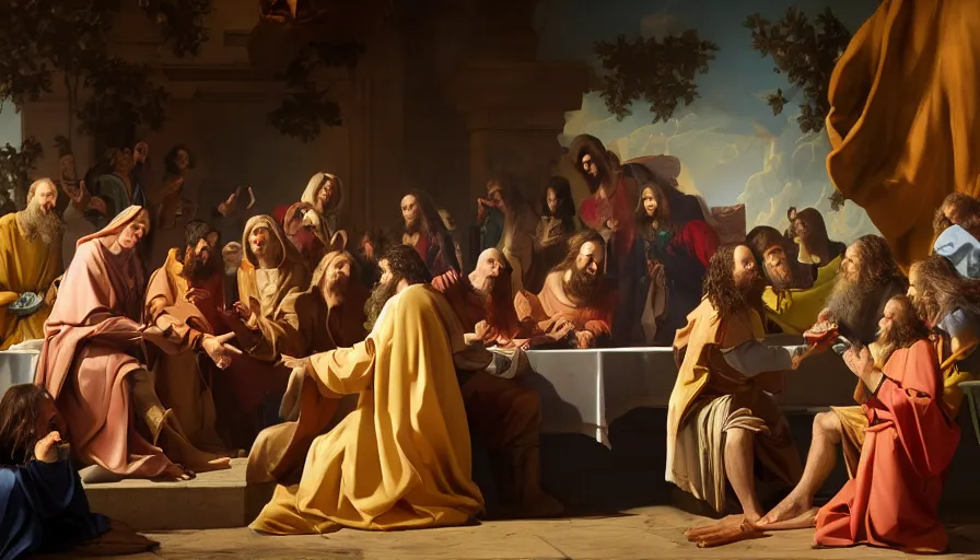 Image similar to Baroque painting representing Jesus Christ presenting a Big Mac to the apostles, hyperdetailed, artstation, cgsociety, 8k
