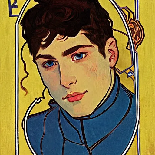 Prompt: portrait painting of young adult handsome human knight with short messy pompadour haircut dark brown hair and blue eyes and strong jawline and small scar! under one eye named vidar, wearing armor!!, modest, masculine jawline!, squarish face shape, slightly round chin, art by alphonse mucha, vincent van gogh, egon schiele