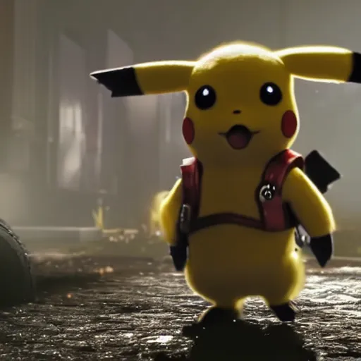 Image similar to Pikachu in Gears of War, splash art, movie still, cinematic lighting, dramatic, octane render, long lens, shallow depth of field, bokeh, anamorphic lens flare, 8k, hyper detailed, 35mm film grain