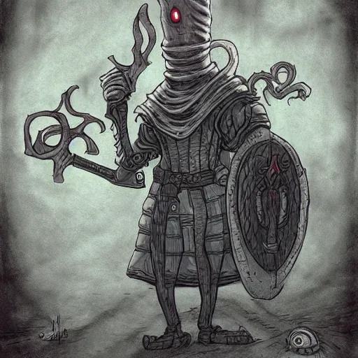 Prompt: squidward as a dark souls boss by Jeffrey Smith