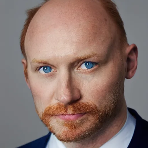 Prompt: Blue eyed ginger balding middle aged man with stubble, corporate portait, headshot, profile