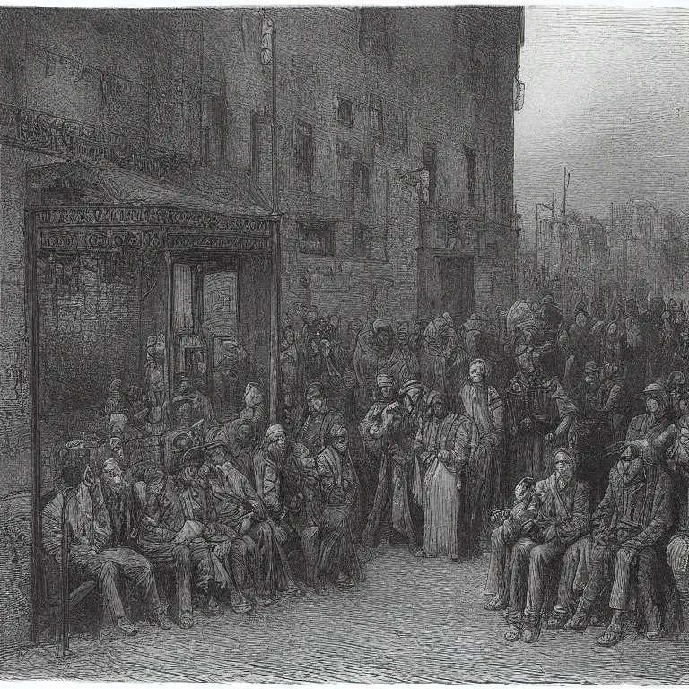 Prompt: some people waiting in a lone bus stop in qiet dark city, by Gustave Doré