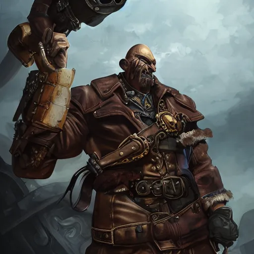 Prompt: portrait of a muscular, grim, bald orc mechanic, wearing a heavy brown leather coat, wielding a wrench, steampunk setting, gears, airship on the background, dramatic lighting, high detail, digital art by Rossdraws